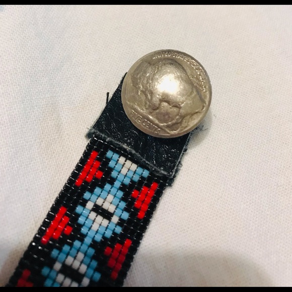 Sundance Inspired Loom Woven Bead Bracelet Genuine Buffalo Head Nickel & Leather - Picture 2 of 10